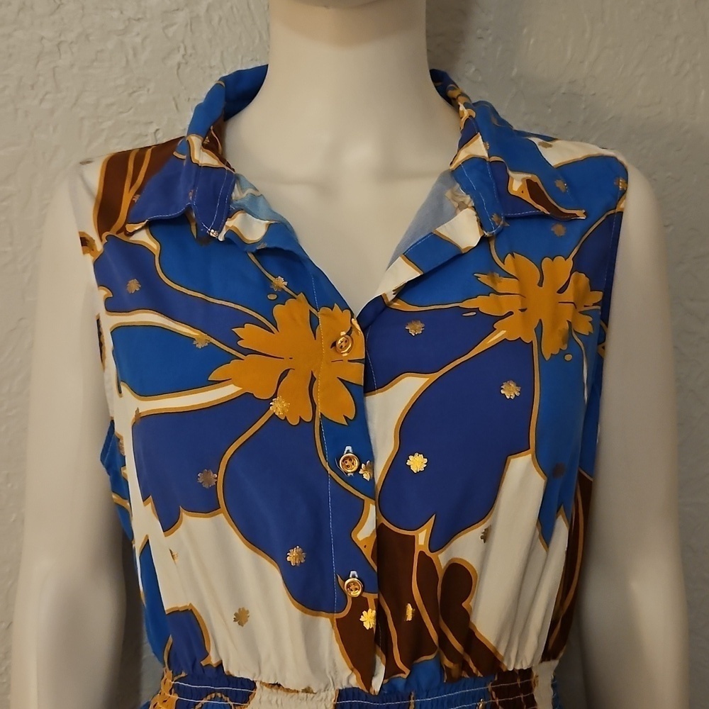 ALEX and PARKER Tropical Blue Floral Sleeveless Tiered Shirt Tiki Dress - Picture 4 of 13